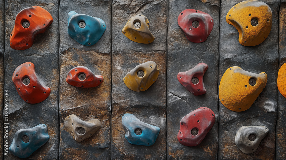 Fototapeta premium Colorful climbing holds on indoor rock wall, bouldering gym equipment closeup