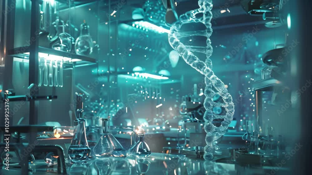 Futuristic lab with glowing DNA helix showcasing genetic research advancements, Imagine a world where biotechnology has revolutionized healthcare Futuristic lab with glowing DNA helix showcasing genetic research advancements, Imagine a world where biotechnology has revolutionized healthcare