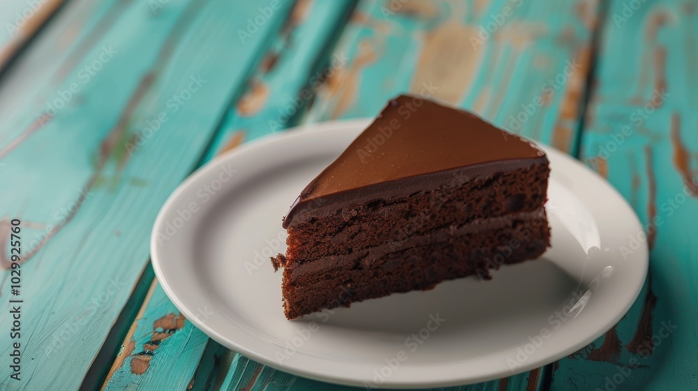 Velvety Chocolate Cake Slice on White Plate, Turquoise Wooden Background Velvety Chocolate Cake Slice on White Plate, Turquoise Wooden Background