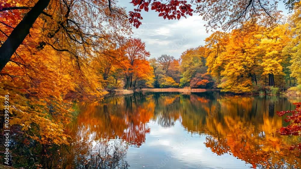 Autumn foliage reflected in a still pond. Autumn foliage reflected in a still pond.