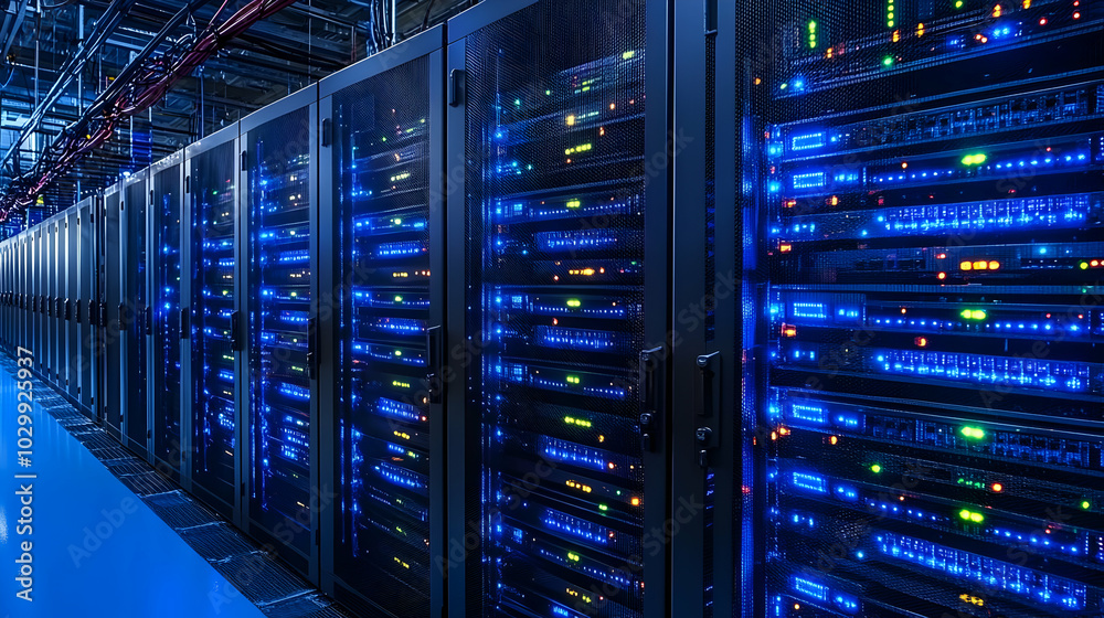 Server Racks in Data Center with Blue Lights - Realistic Photo Server Racks in Data Center with Blue Lights - Realistic Photo