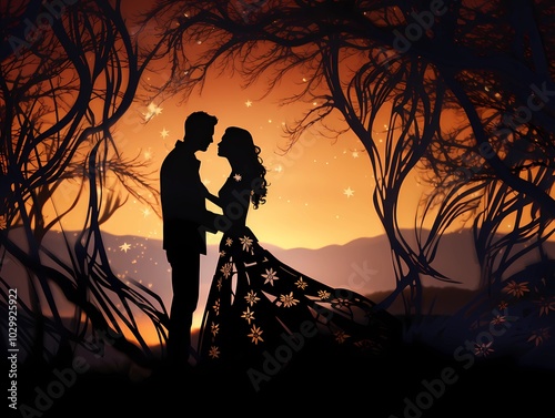 Silhouette of a man and woman couple in the forest, surrounded by trees during sunset.