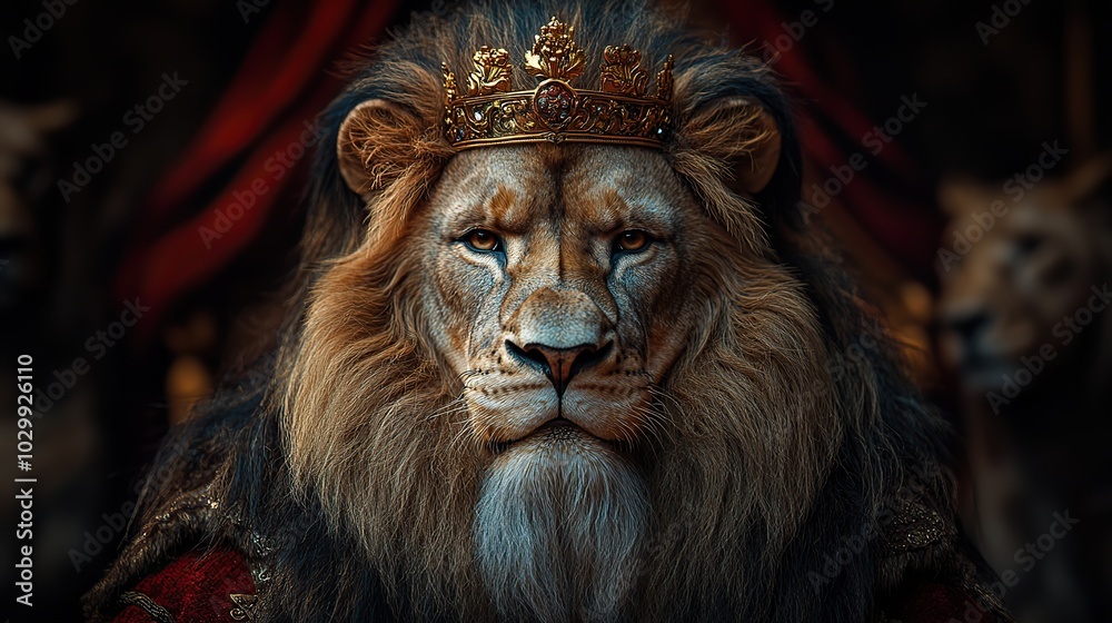 A lion king with a golden crown, sitting on a throne, displays a wise and powerful demeanor. A lion king with a golden crown, sitting on a throne, displays a wise and powerful demeanor.