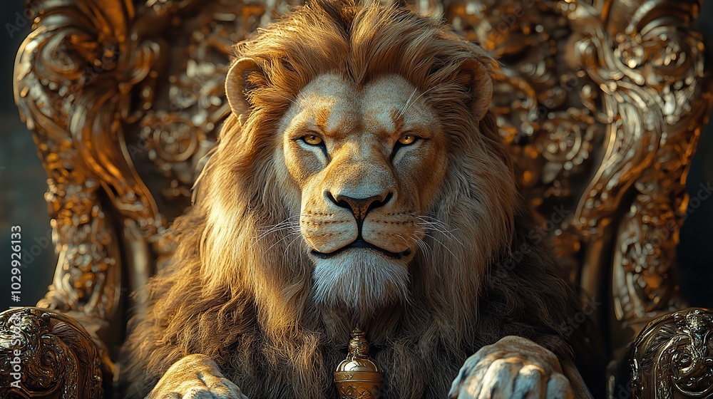 Naklejka premium A lion king seated on a golden throne, showcasing wisdom and power with a commanding presence.