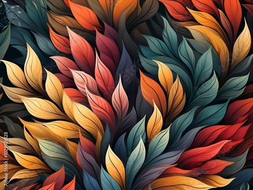 A background of leaves fills the frame, the leaves are painted in blue, yellow, and red.