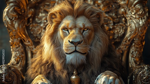 A lion king seated on a golden throne, showcasing wisdom and power with a commanding presence.