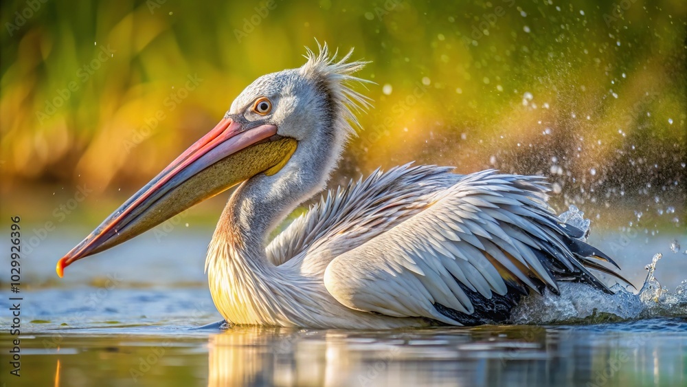 Spot billed pelican bathing in natural habitat with forced perspective Spot billed pelican bathing in natural habitat with forced perspective
