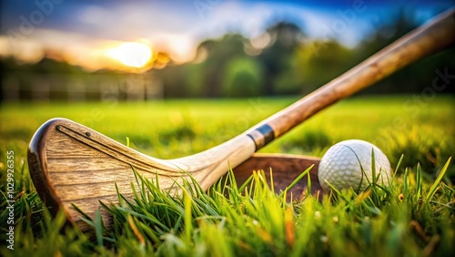 Sports equipment lying in grass with blurred background photo