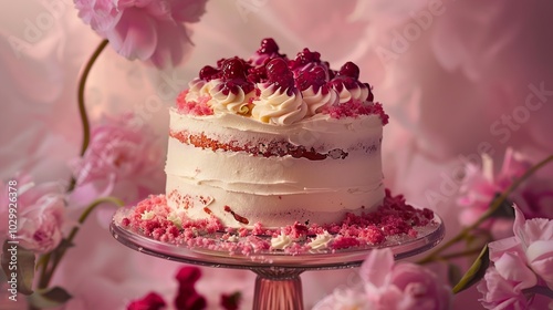 Pink Cherry Cake with Delicate Floral Accents