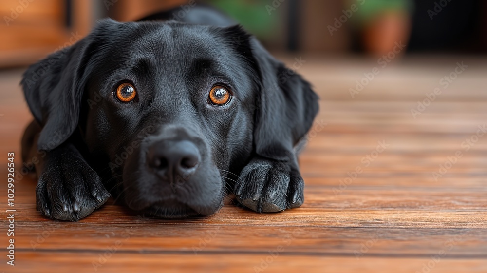 A lonely, bored black Labrador dog lying alone on a wooden floor at home, captured in a close-up portrait. A lonely, bored black Labrador dog lying alone on a wooden floor at home, captured in a close-up portrait.
