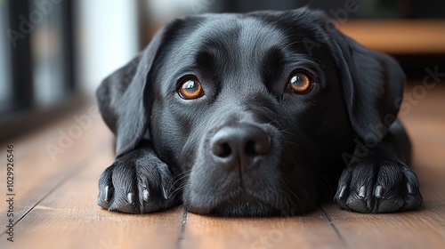 A lonely, bored black Labrador dog lying alone on a wooden floor at home, captured in a close-up portrait.