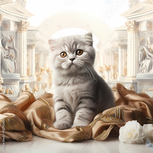 Painting of a cute kitten sitting on a shawl, in a Roman pillar hall.