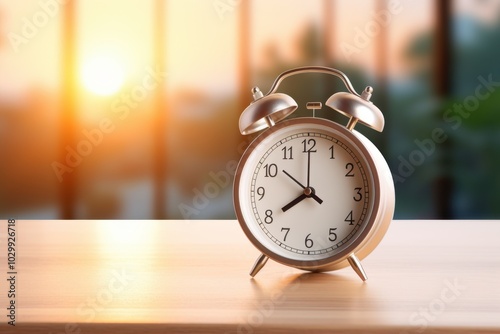 Alarm clock on a wooden table isolated with blurred background