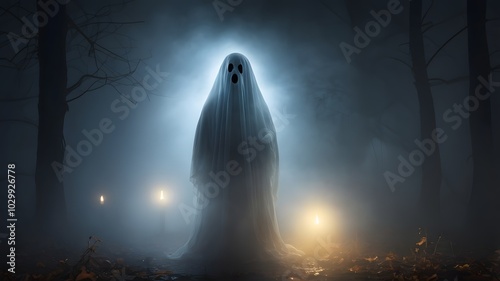 Spooky Boo Ghost Floating in a Dark Forest, Haunted and Scary