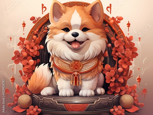 Drawing of a white and brown furry puppy. Sitting on a Chinese style stool with orange flower decorations