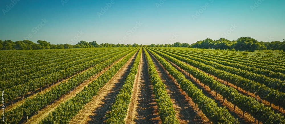A sprawling vineyard in the countryside, shot from a high angle, showing neatly planted rows of vines under a clear blue sky. A sprawling vineyard in the countryside, shot from a high angle, showing neatly planted rows of vines under a clear blue sky.
