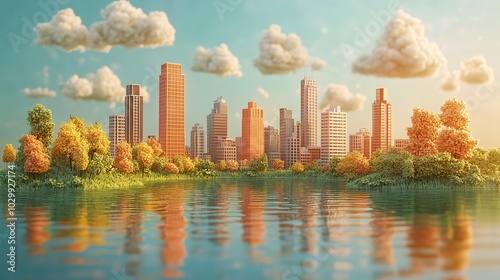 A low poly cityscape building with a nature landscape.