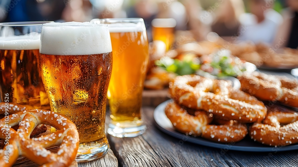 Lively and vibrant scene of an Oktoberfest an array of pretzels beer steins and crowds in traditional Bavarian costumes enjoying the festivities in a futuristic triadic color scheme Lively and vibrant scene of an Oktoberfest an array of pretzels beer steins and crowds in traditional Bavarian costumes enjoying the festivities in a futuristic triadic color scheme