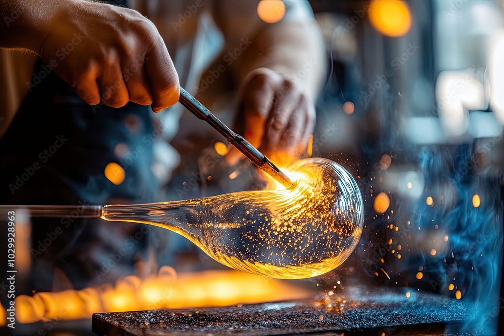 Glassblower shaping a molten glass object with a torch Glassblower shaping a molten glass object with a torch