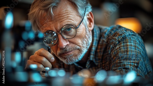 A man is using a magnifying glass to closely inspect an object.