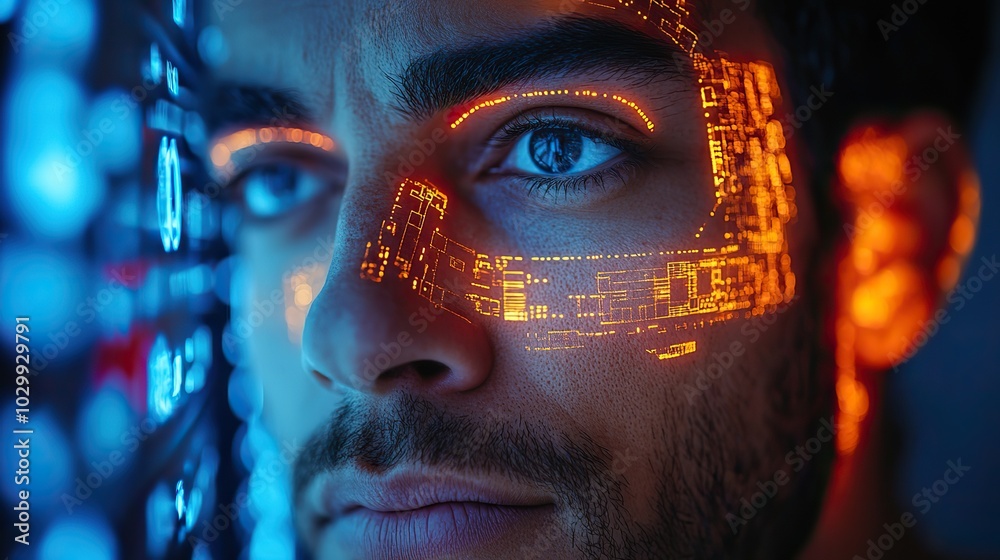 A man undergoes a futuristic facial scan for identification purposes. A man undergoes a futuristic facial scan for identification purposes.