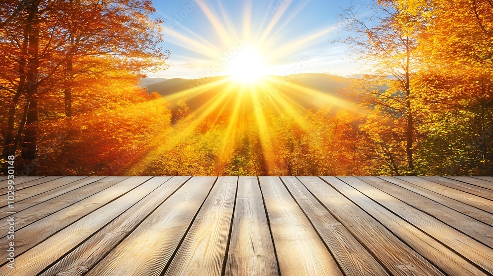 Autumnal Forest with Sun Rays and Wooden Deck for Product Display Abstract Gradient Background with Copy Space Autumnal Forest with Sun Rays and Wooden Deck for Product Display Abstract Gradient Background with Copy Space