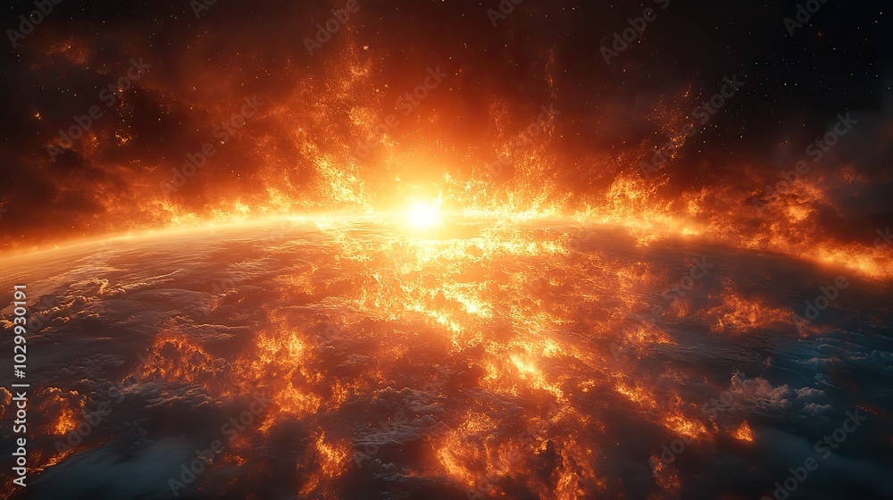 A meteor impacts the surface of planet Earth from the expanse of space. A meteor impacts the surface of planet Earth from the expanse of space.