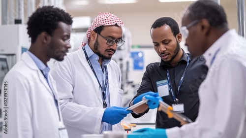 Scientists from Oman, Palau, and Cameroon testing cutting-edge materials for automotive applications, reflecting global cooperation in the automotive industry