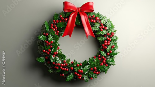 A Christmas Wreath Decorated with Red Berries and a Red Bow