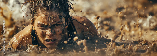 A woman struggling to crawl through splashing dirt and mud on her face anguish suffering pain outdoor sports competition photo