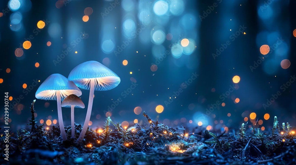 Glowing mushrooms in a magical forest setting with ethereal bokeh lights. Glowing mushrooms in a magical forest setting with ethereal bokeh lights.