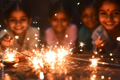  A close-up scene of children playing joyfully with sparklers during Diwali photo