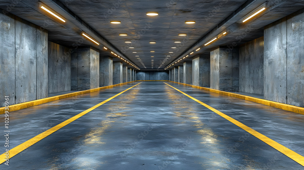 Empty Concrete Parking Garage with Yellow Lines - 3D Illustration Empty Concrete Parking Garage with Yellow Lines - 3D Illustration