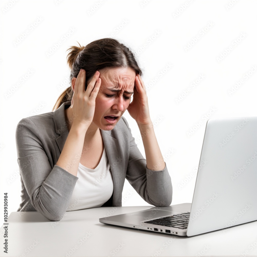 Woman experiencing a headache while working on laptop, stressed and frustrated Woman experiencing a headache while working on laptop, stressed and frustrated