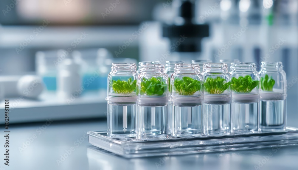 Laboratory growth of plants in glass vials with green sprouts, modern scientific setting. Laboratory growth of plants in glass vials with green sprouts, modern scientific setting.