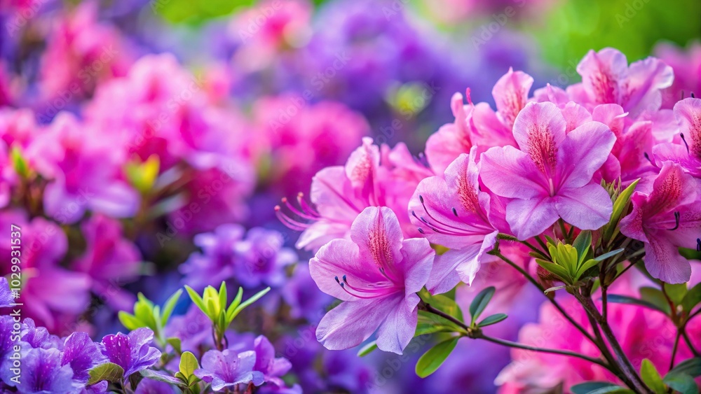 Spring garden with pink azaleas and purple periwinkle flowers in full bloom Spring garden with pink azaleas and purple periwinkle flowers in full bloom