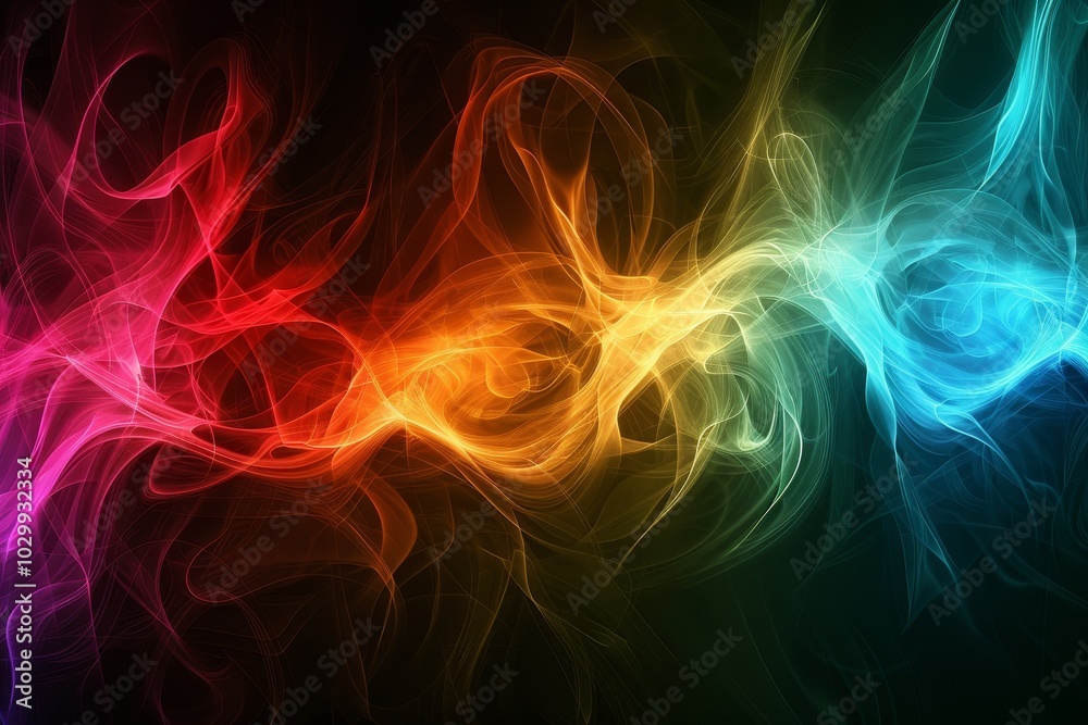 Fototapeta premium A dramatic burst of rainbow colored smoke expands against a black background, creating a striking contrast. A swirling, cloud like formation reflects the dynamic movement