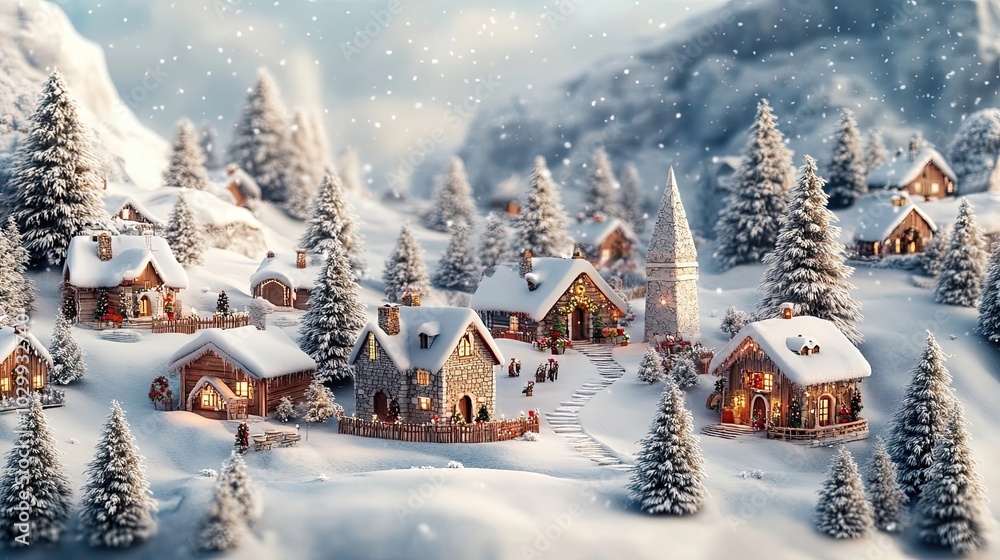 A Snowy Christmas Village with a Church Tower and Cozy Cottages A Snowy Christmas Village with a Church Tower and Cozy Cottages