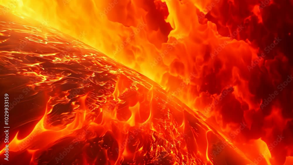 A digital Video of a planet with a surface of molten lava beneath a sky ...