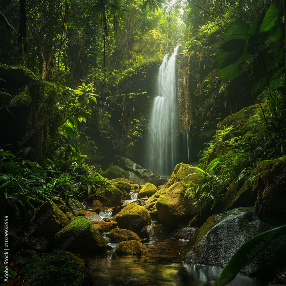 Enchanting Rainforest at Sunrise: Cascading Waterfall and Verdant Trees