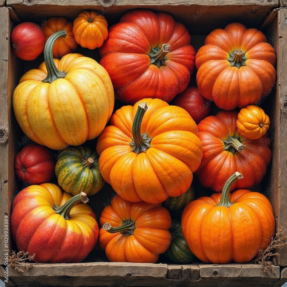Colorful pumpkins in a wooden crate creating a warm and inviting autumn background for copy space
Colorful pumpkins in a wooden crate creating a warm and inviting autumn background for copy space