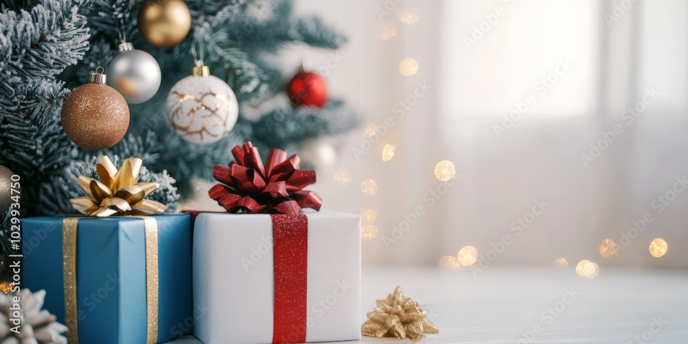 Christmas gifts with golden ribbons under a snowy Christmas tree, with soft blue and gold bokeh in the background. Christmas gifts with golden ribbons under a snowy Christmas tree, with soft blue and gold bokeh in the background.