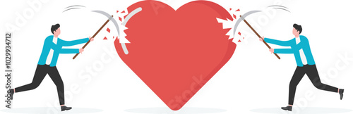 Red Heart broken to two pieces vector illustration icon or logo, broken heart concept, breakup or divorce, heartbreak regret, separated couple, tragic love. Broken Red Heart Emoji.

