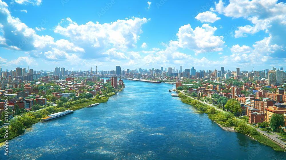 Naklejka premium Aerial View of a River Running Through a City with a Bright Blue Sky and White Clouds