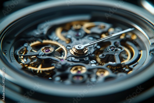 Close-up of a complex watch mechanism with intricate gears and a silver hand.