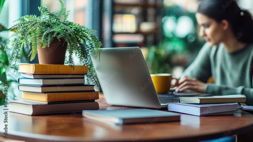 A woman working on a laptop with a stack of books, coffee, and a plant on a table in a cafe. A woman working on a laptop with a stack of books, coffee, and a plant on a table in a cafe.