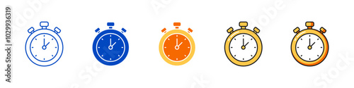 Set of clock vector icons with outline, flat and color styles for time, date, alarm, education and productivity symbols.