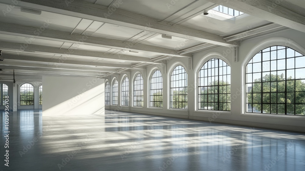 3D render of a loft interior with a large blank wall for artwork or design mockup, flooded with natural light from floor-to-ceiling windows. 3D render of a loft interior with a large blank wall for artwork or design mockup, flooded with natural light from floor-to-ceiling windows.