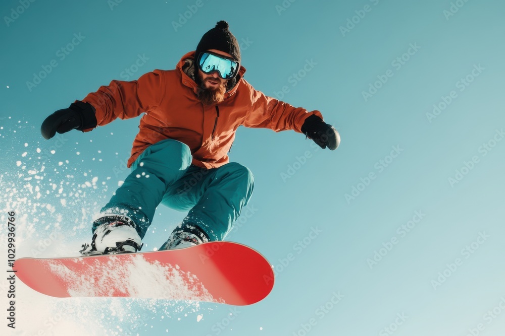 Snowboarder jumping with blue sky as background Snowboarder jumping with blue sky as background