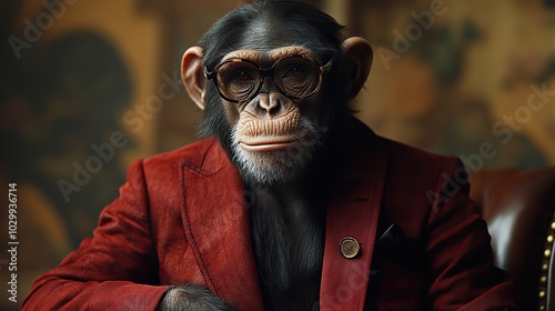 A monkey dressed in a classy red suit, embodying the role of a successful leader and confident gentleman in a fashion-forward portrait.